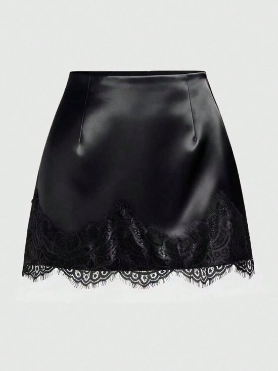 Dresses & Skirts - Black Casual Women's Elegant Satin Lace Detail Skirt